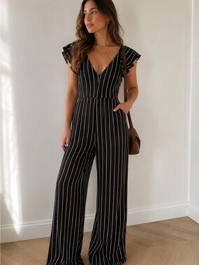 Reformation Black Pinstripe Wide Leg Jumpsuit Open Back Size 6